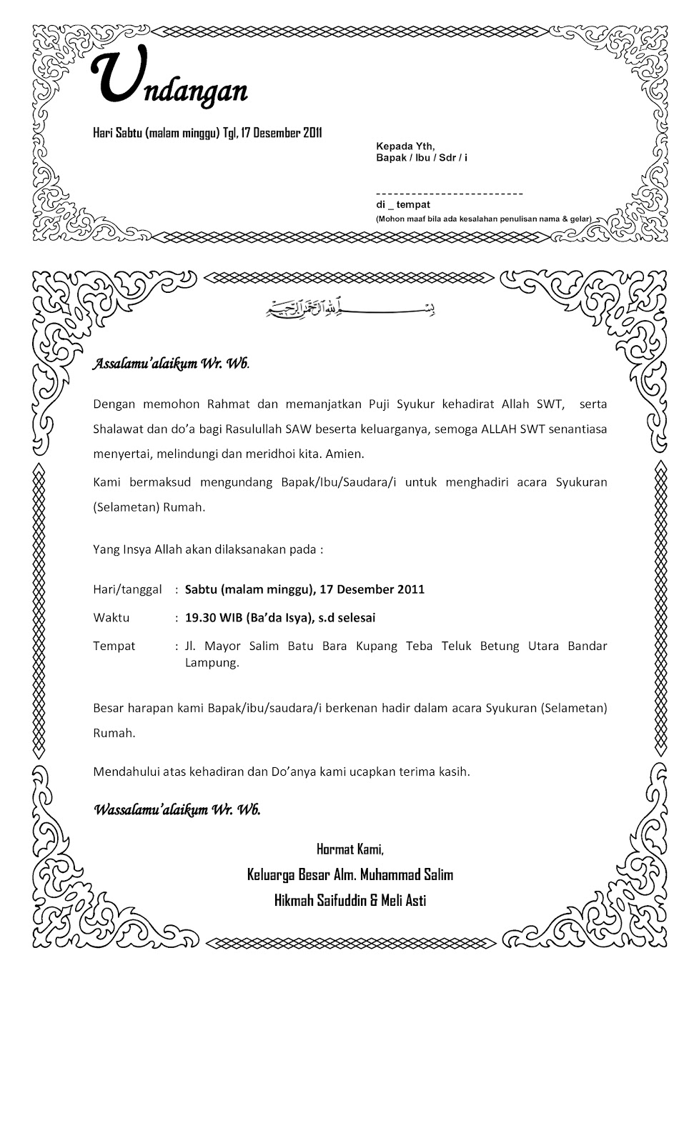 Contoh Surat Undangan Pengajian Di Rumah - Contoh Surat